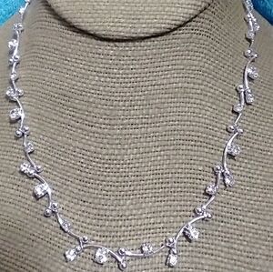 Elegant Silvertone Crystals Wavy Necklace with Crystal Accents vintage